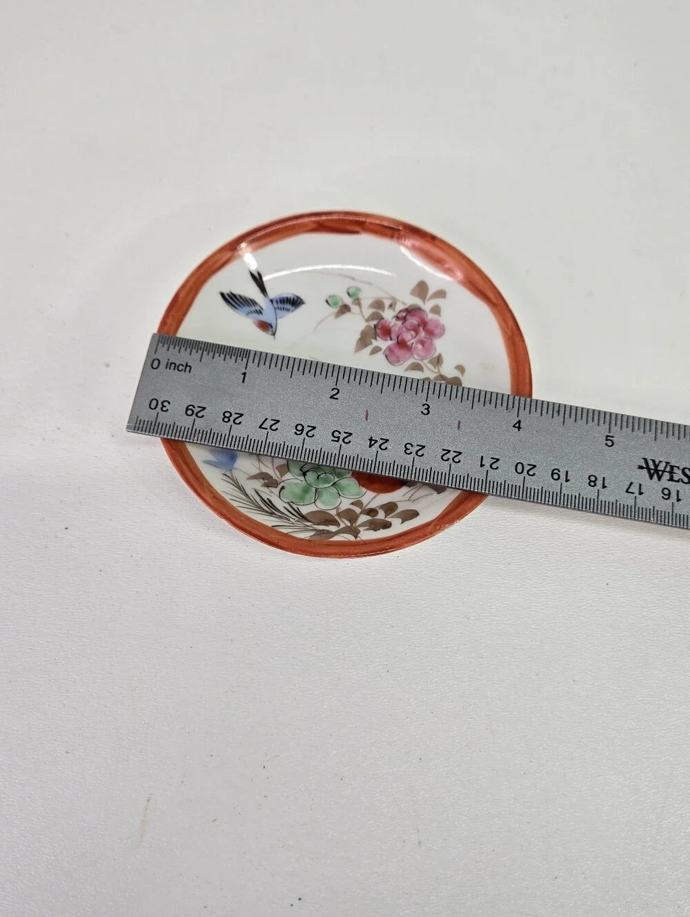 Antique Japanese Kutani Porcelain Small Dish Bird Floral Red Rim Saucer Plate